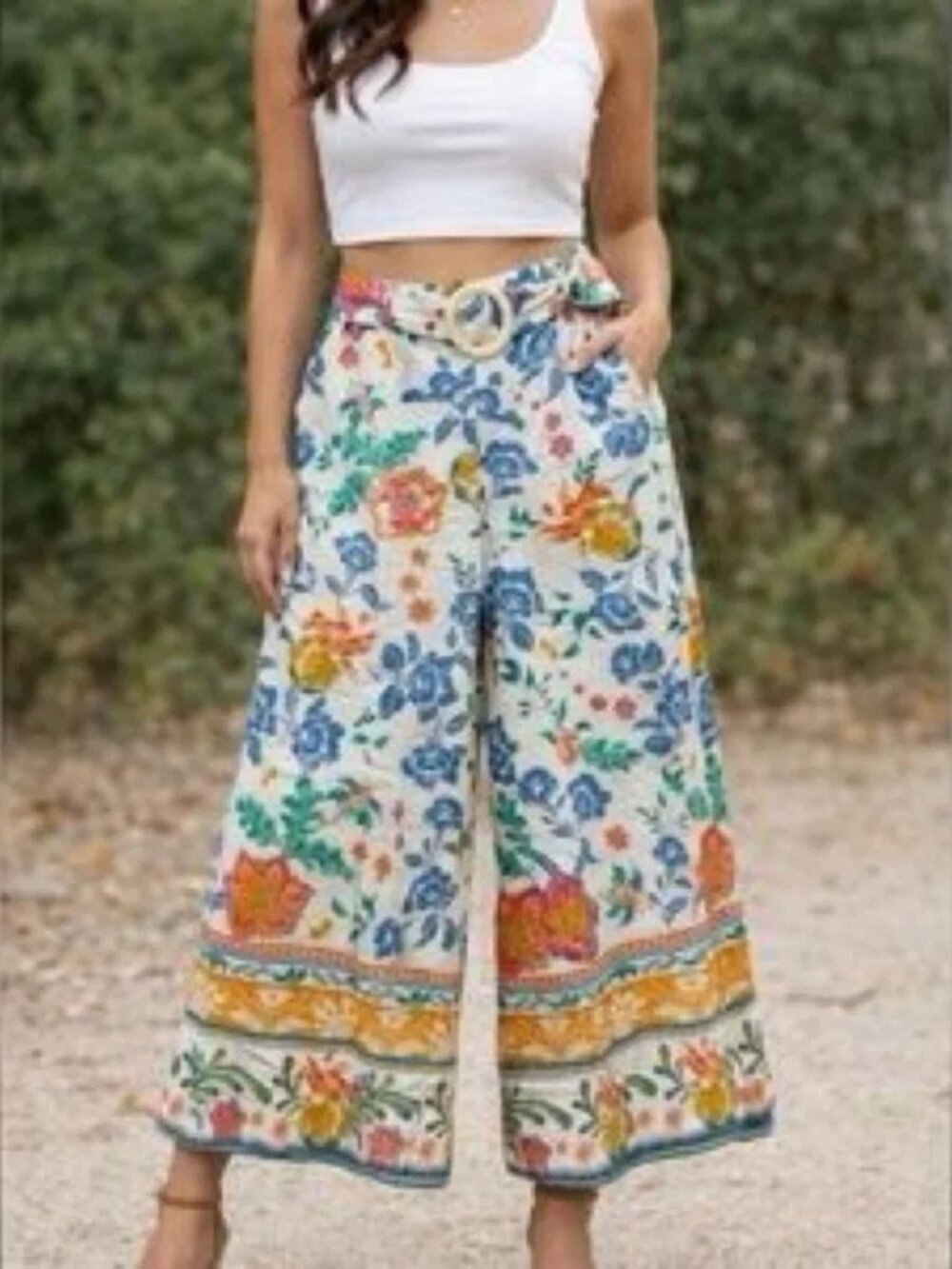 Rachel Zoe Floral Wide Leg Belted Linen Pants M Resort Boho Cropped Vacation